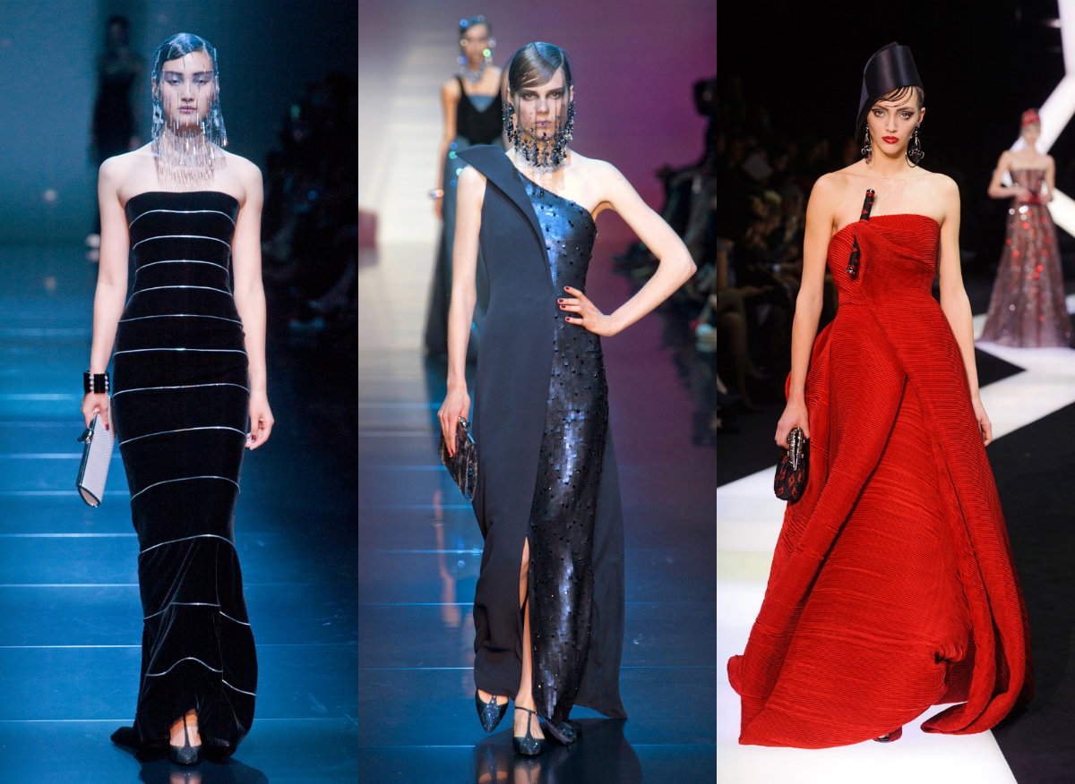 Suknie Armani Privé, od lewej: haute couture jesień-zima 2012/2013, haute couture jesień-zima 2012/2013, haute couture wiosna-lato 2013
