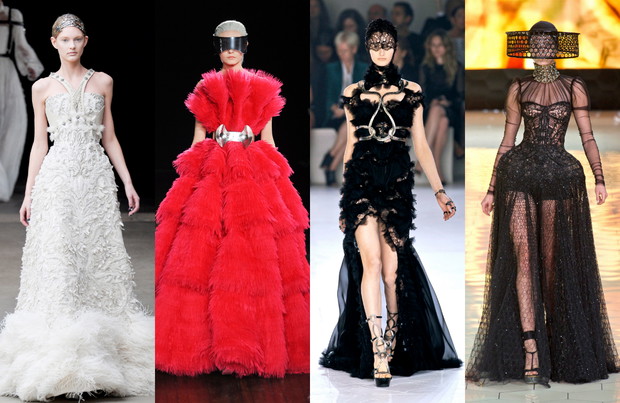 Suknie Alexander McQueen, od lewej: jesień-zima 2011/2012, jesień-zima 2012/2013, wiosna-lato 2012, wiosna-lato 2013, fot. Imaxtree
