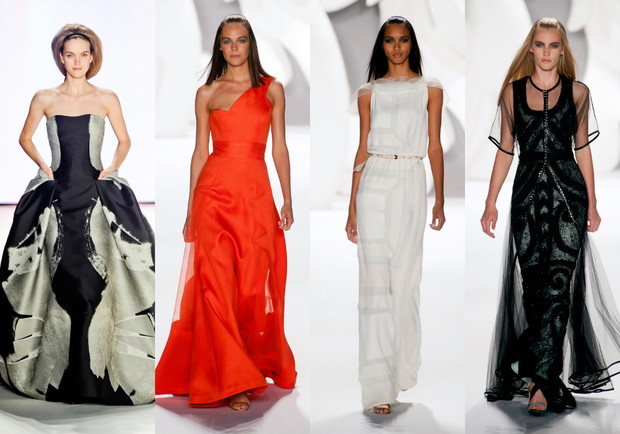 Suknie Carolina Herrera, od lewej: jesień-zima 2012/2013, wiosna-lato 2013, wiosna-lato 2013, wiosna-lato 2013, fot. Imaxtree
