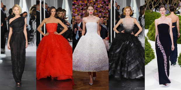 Suknie Christian Dior, od lewej: haute couture wiosna-lato 2012, haute couture wiosna-lato 2012, haute couture jesień-zima 2012/2013, haute couture wiosna-lato 2012, haute couture wiosna-lato 2013, fot. Imaxtree