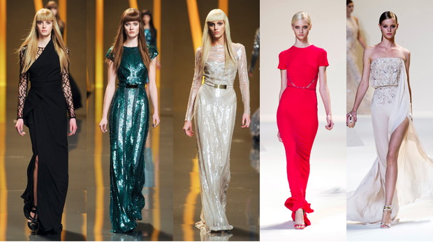 Suknie Elie Saab, od lewej: jesień-zima 2012/2013, jesień-zima 2012/2013, jesień-zima 2012/2013, wiosna-lato 2013, wiosna-lato 2013, fot. Imaxtree