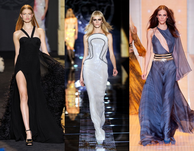 Suknie Versace, od lewej: jesień-zima 2011/2012, jesień-zima 2012/2013, wiosna-lato 2013, fot. Imaxtree