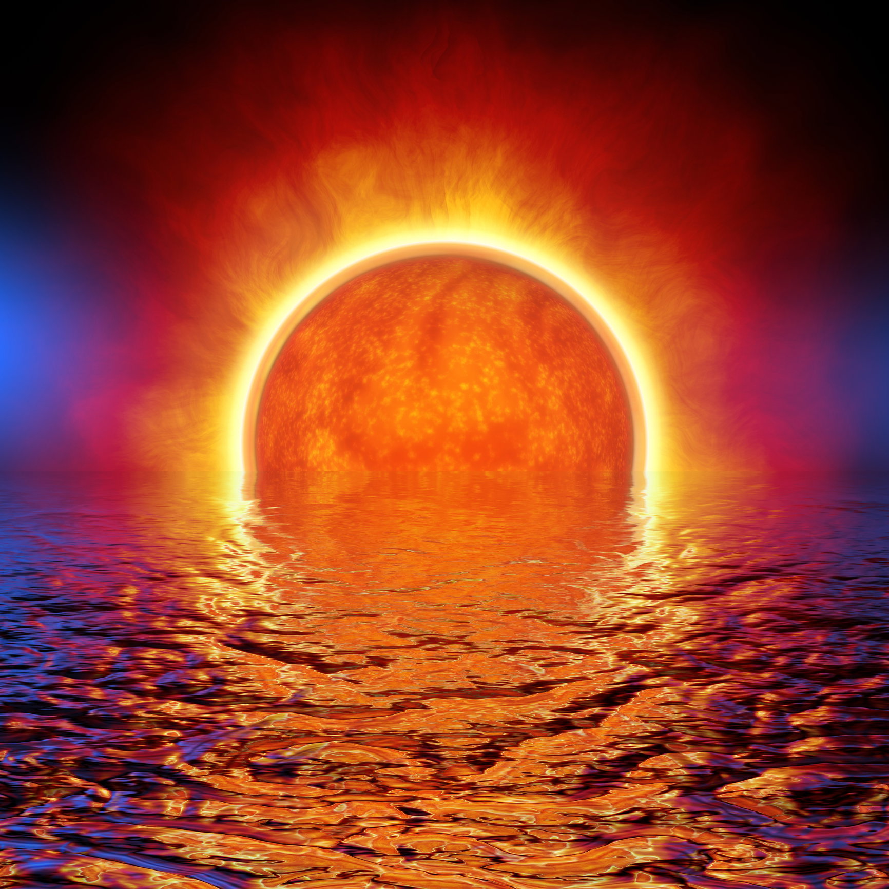 Sunset Light Fire Glow on Water Reflection at Night. Sunrise at Sea Ocean