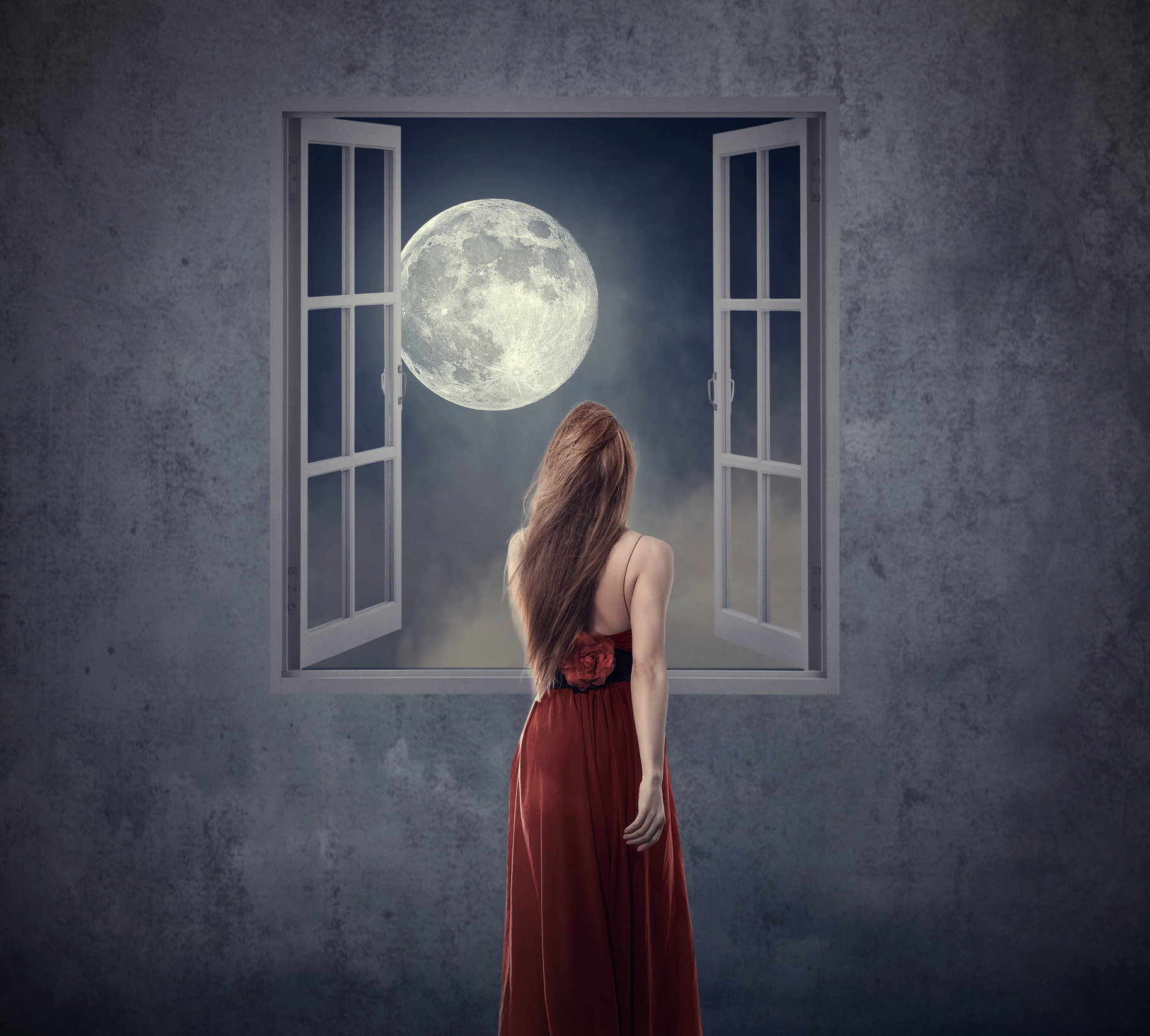 Beautiful woman walking to opened window with moon
