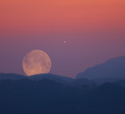Full Moon, stars, planets and landscape scenery silhouettes.
