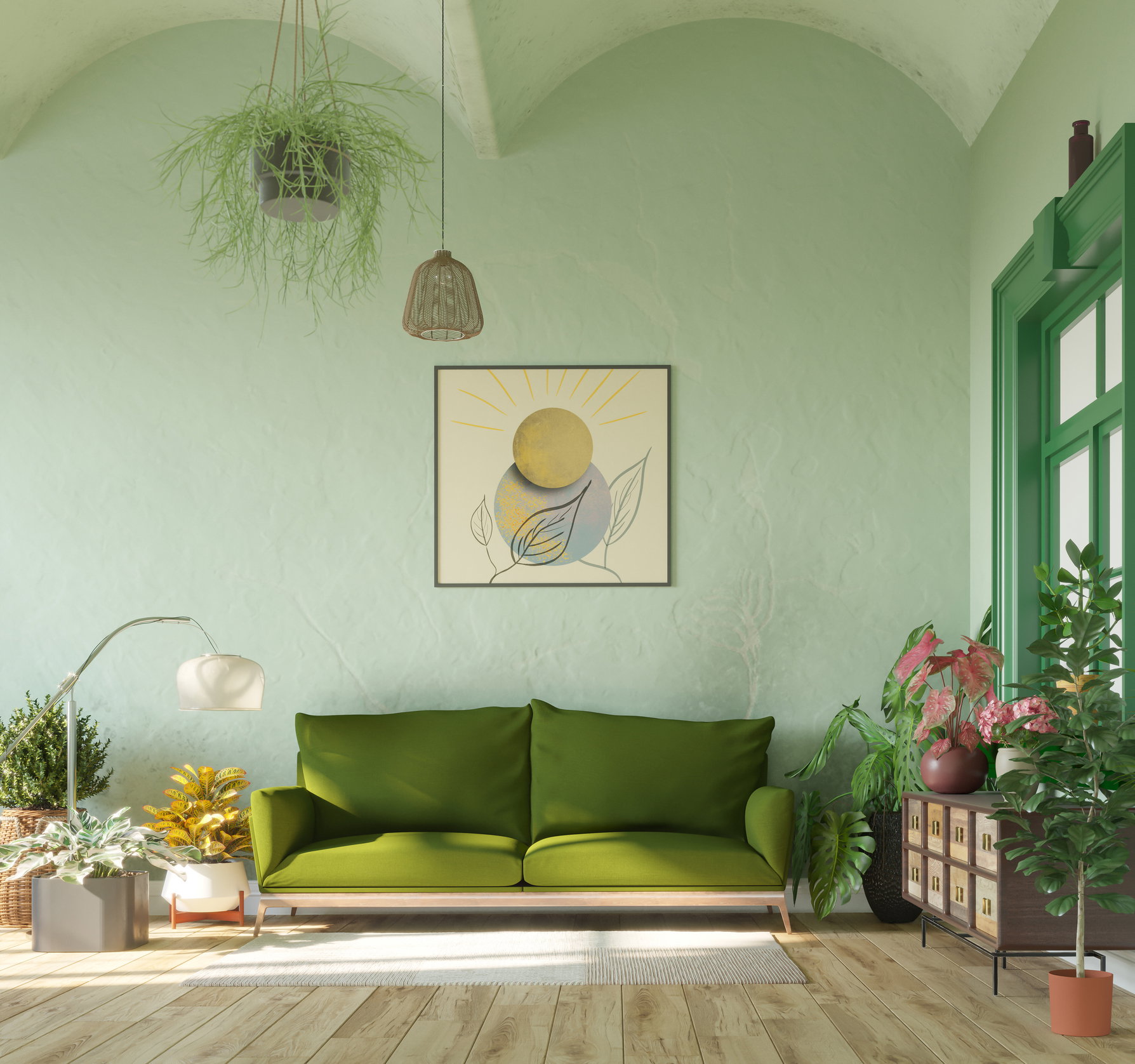 Green couch in the living room