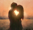 digital art painting set of young couple on sunset background.