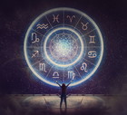 Woman raising hands looking at the night sky. Astrological wheel projection, choose a zodiac sign. Trust horoscope future predictions, consulting stars. Power of universe, astrology esoteric concept.