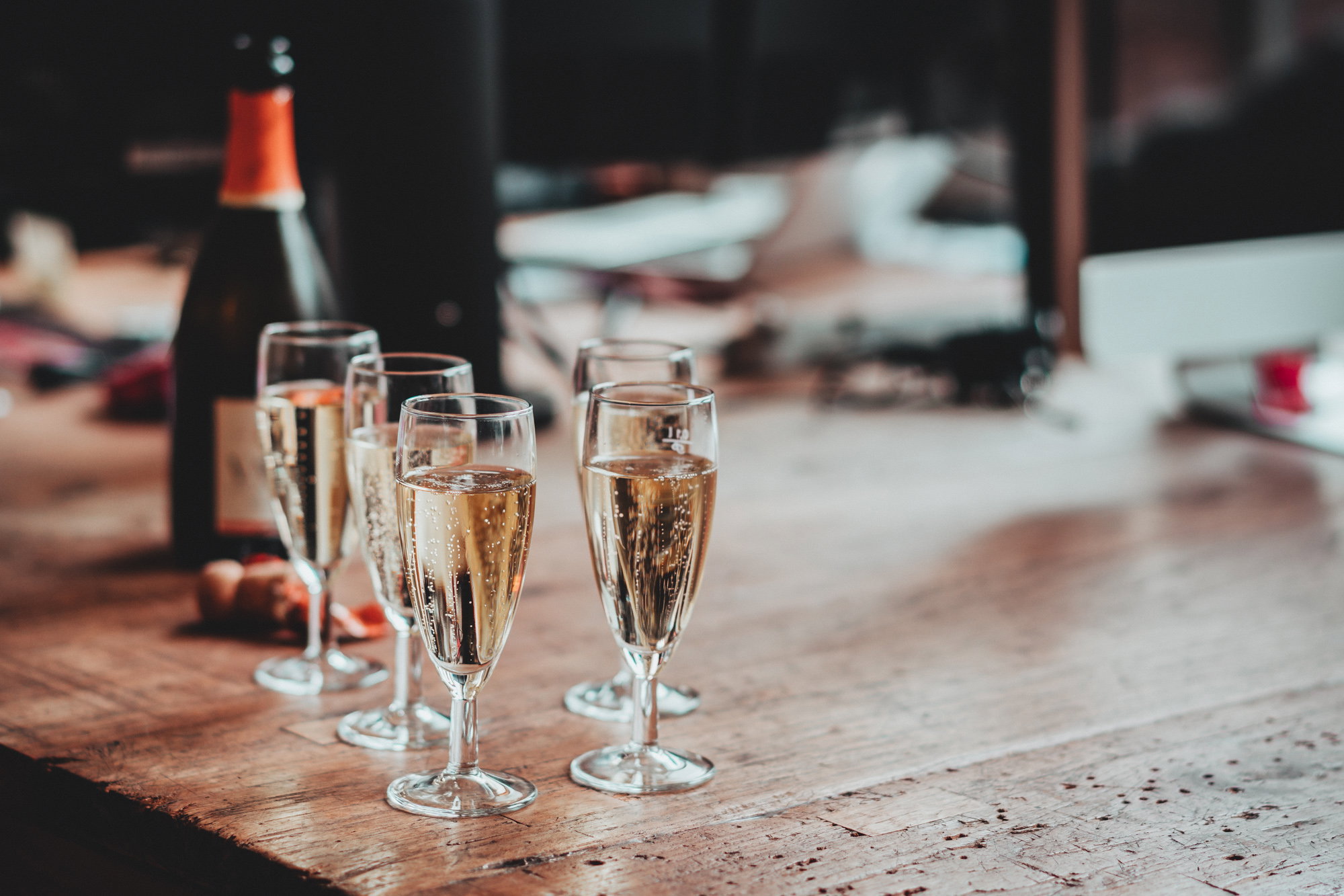 Close-Up Of Champagne Flutes On Table