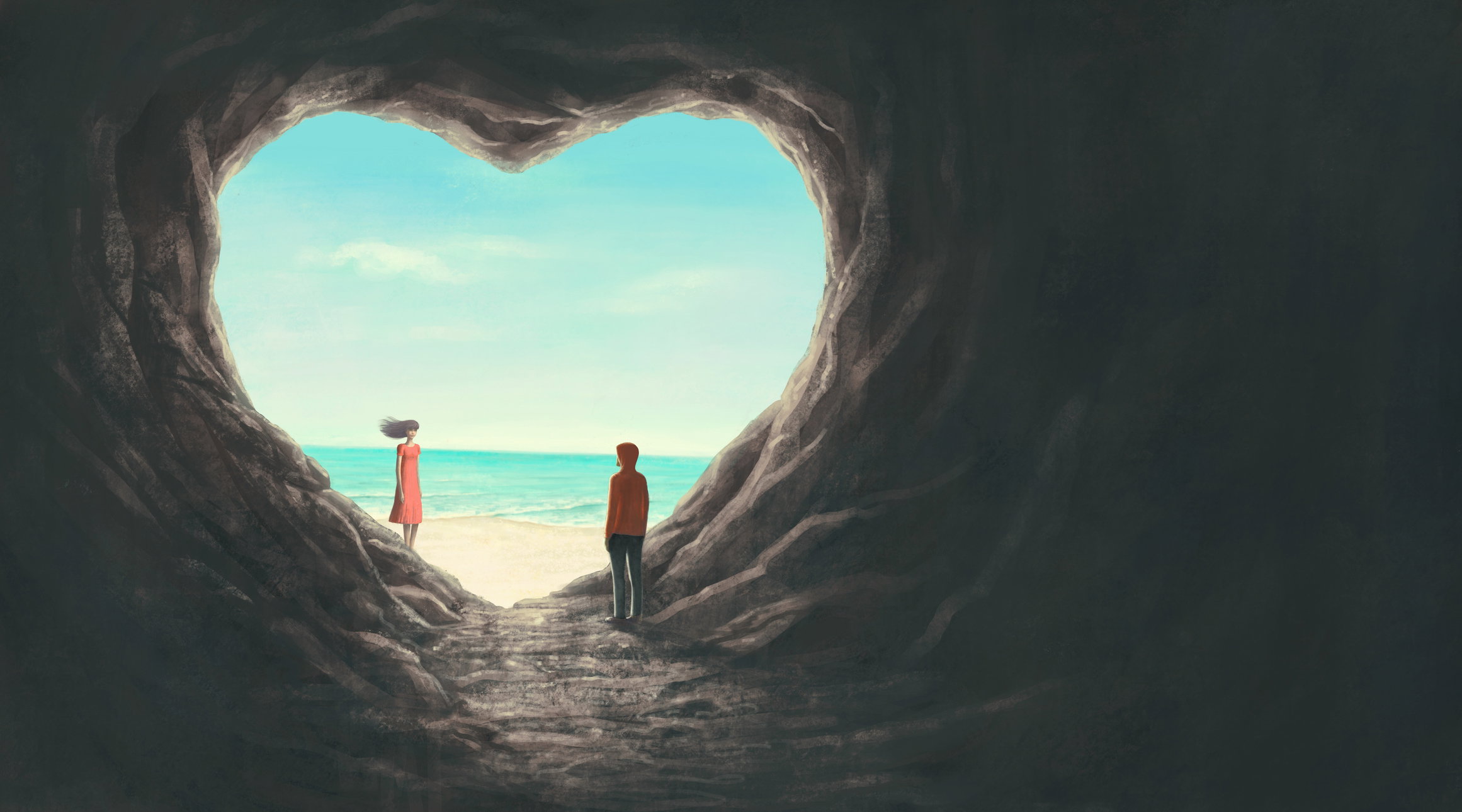 Love concept art , man and woman  in heart cave with the sea, surreal landscape, fantasy illustration