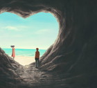 Love concept art , man and woman in heart cave with the sea, surreal landscape, fantasy illustration