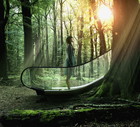 Pacific Islander businesswoman ascending escalator in forest