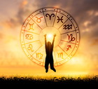 Zodiac signs inside of horoscope circle. Astrology in the sky with many stars and moons astrology and horoscopes concept