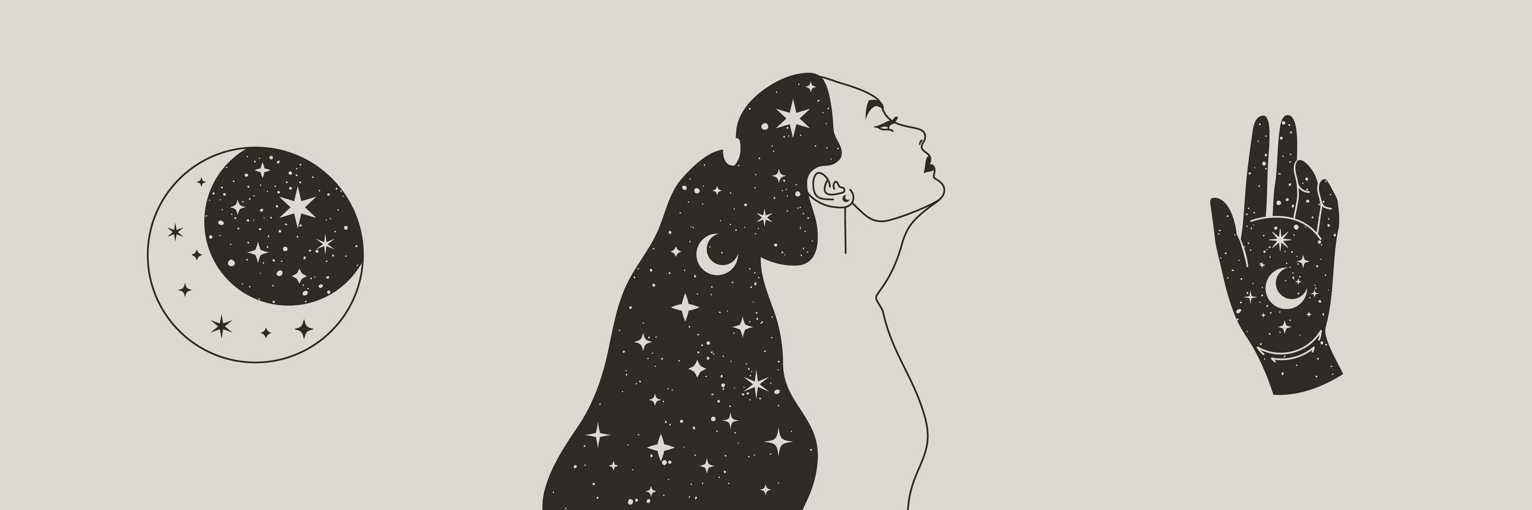 Set Of Mystical Woman and Moon, Stars and Hand in a Trendy Boho Style. Vector Space Portrait of A girl in Profile