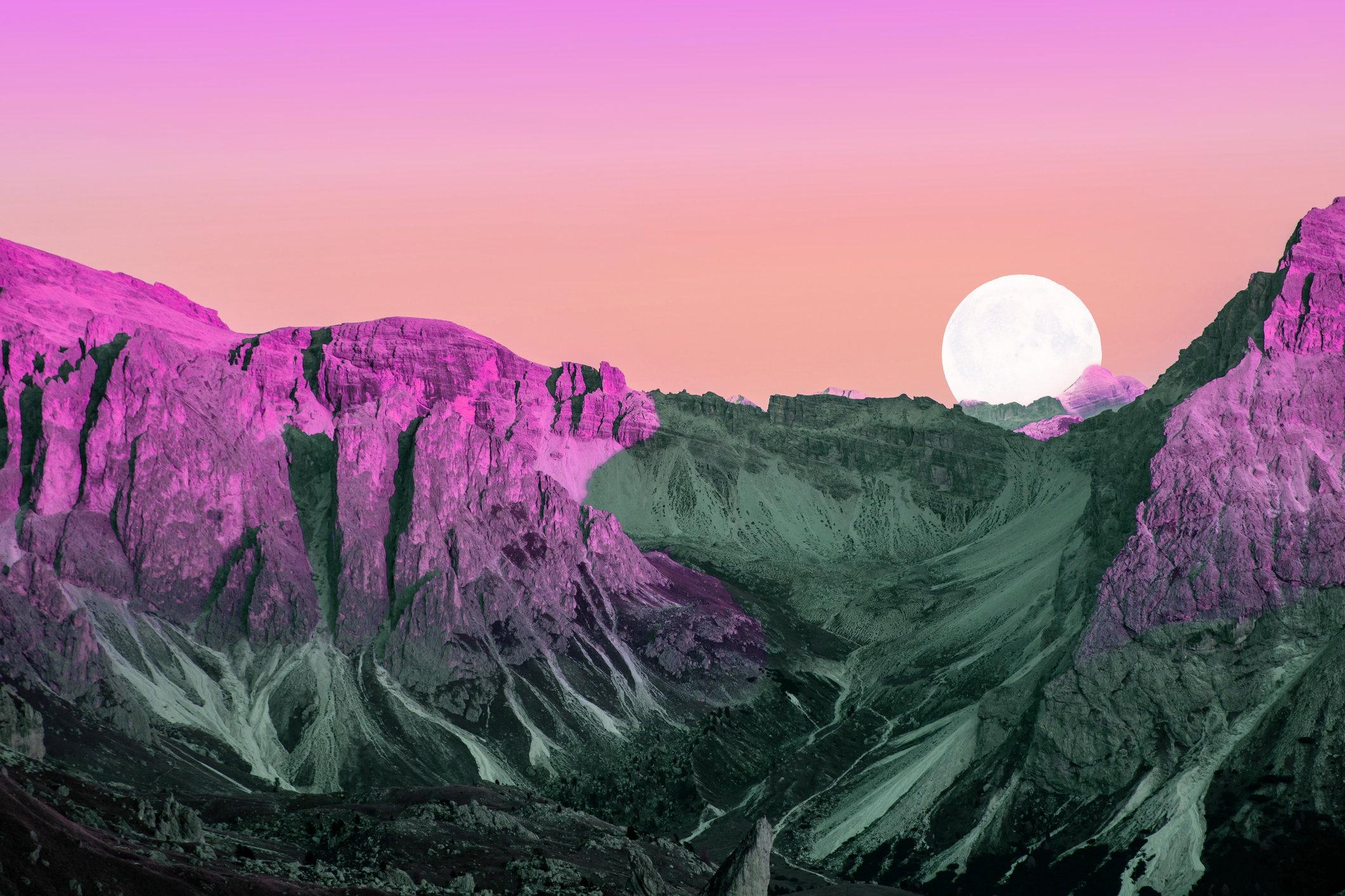 Dreamy colorful picture of the Dolomites mountains with vivid colors and full moon.