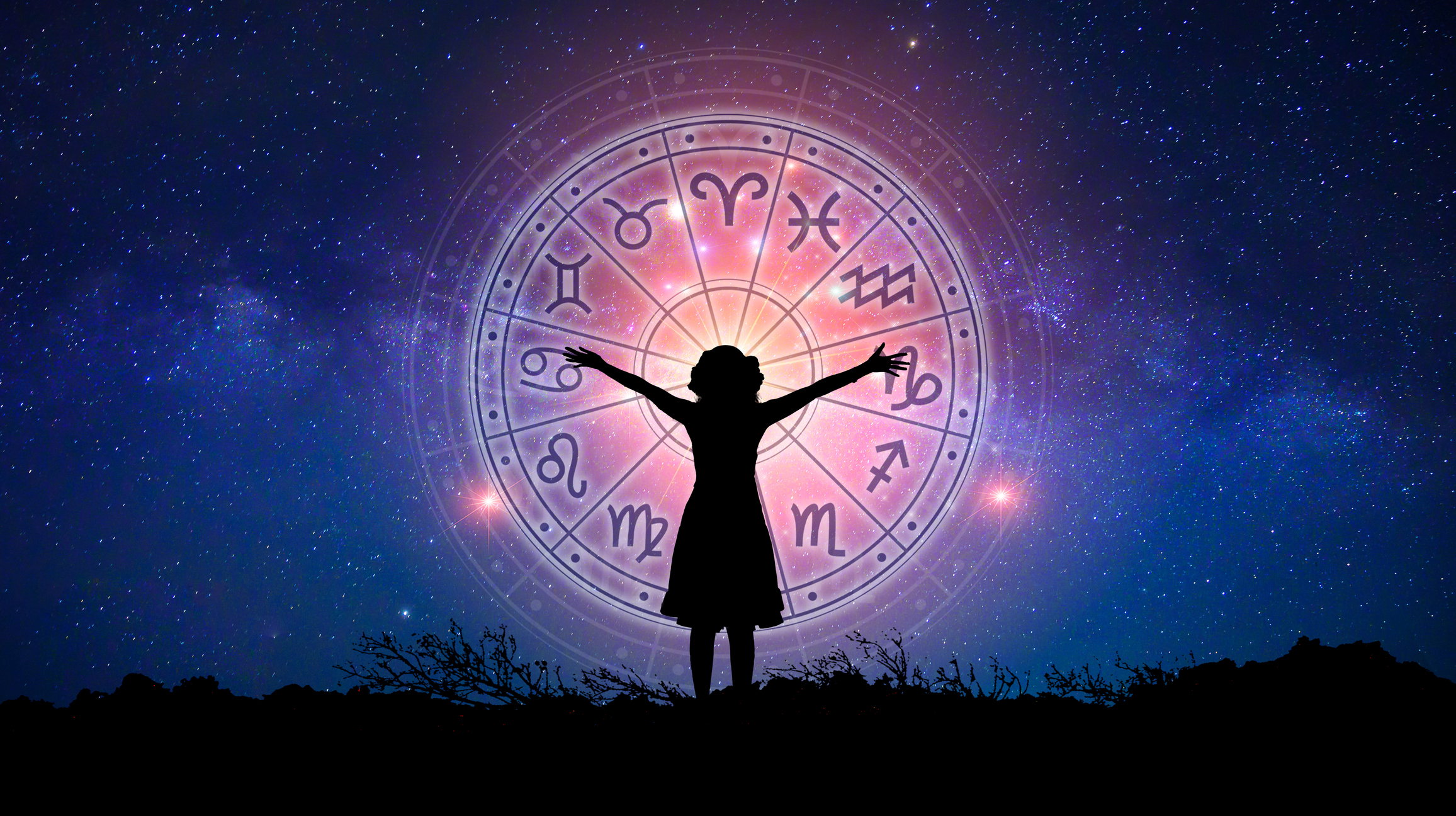 Zodiac signs inside of horoscope circle. Astrology in the sky with many stars and moons  astrology and horoscopes concept