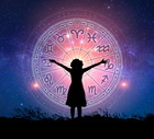Zodiac signs inside of horoscope circle. Astrology in the sky with many stars and moons astrology and horoscopes concept