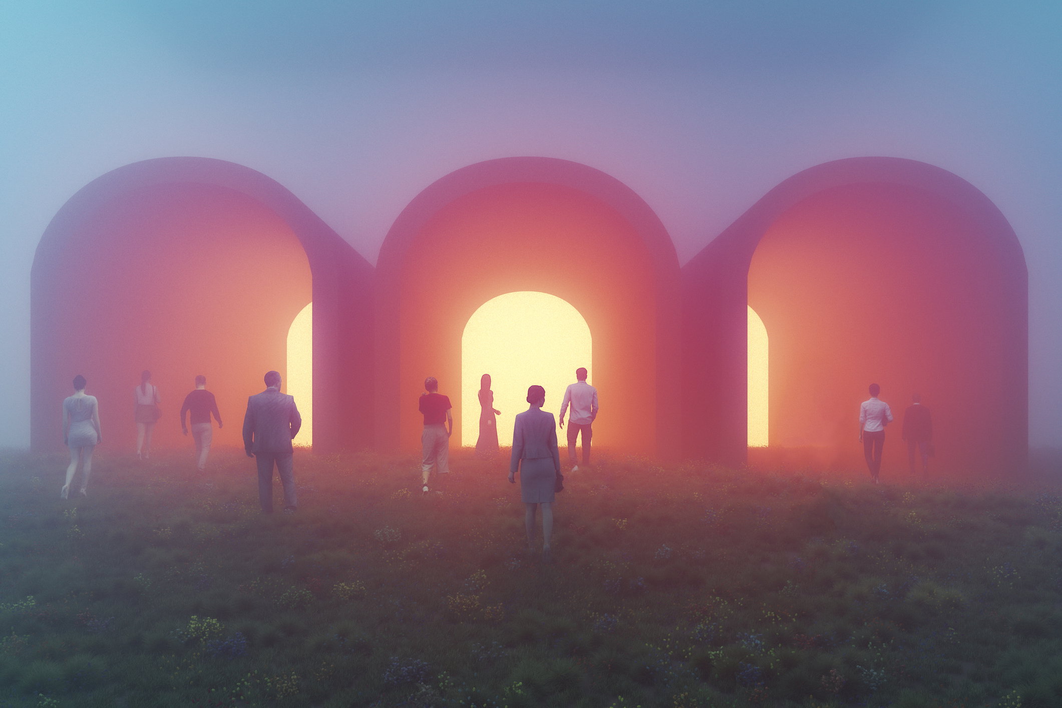People walking towards mysterious tunnels