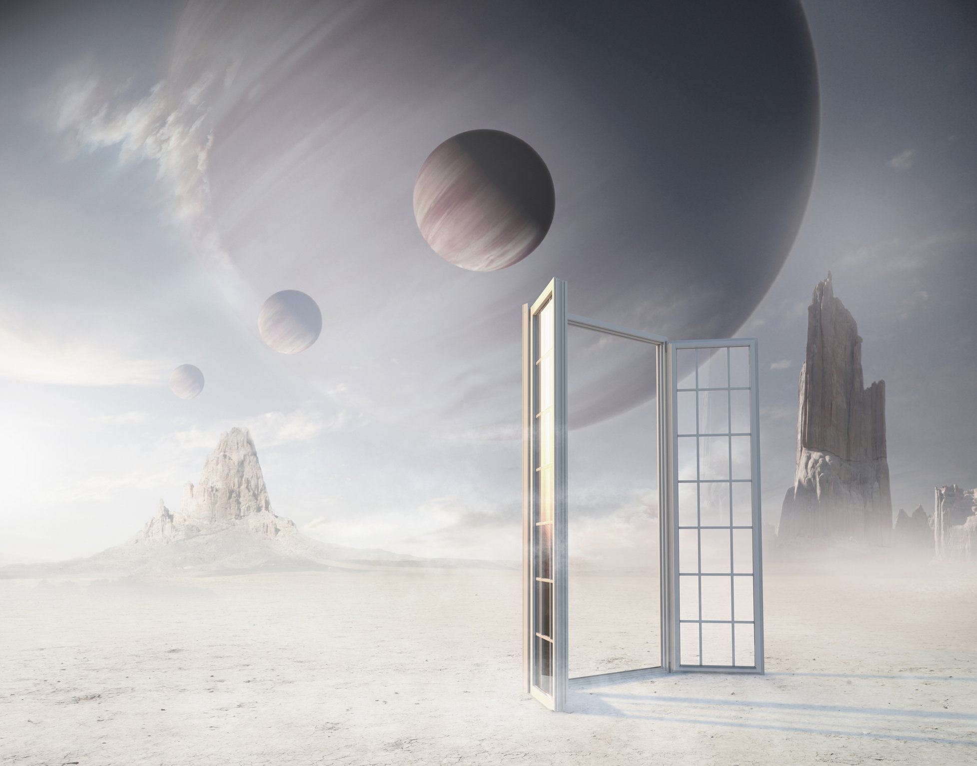 Open window on planet under moons