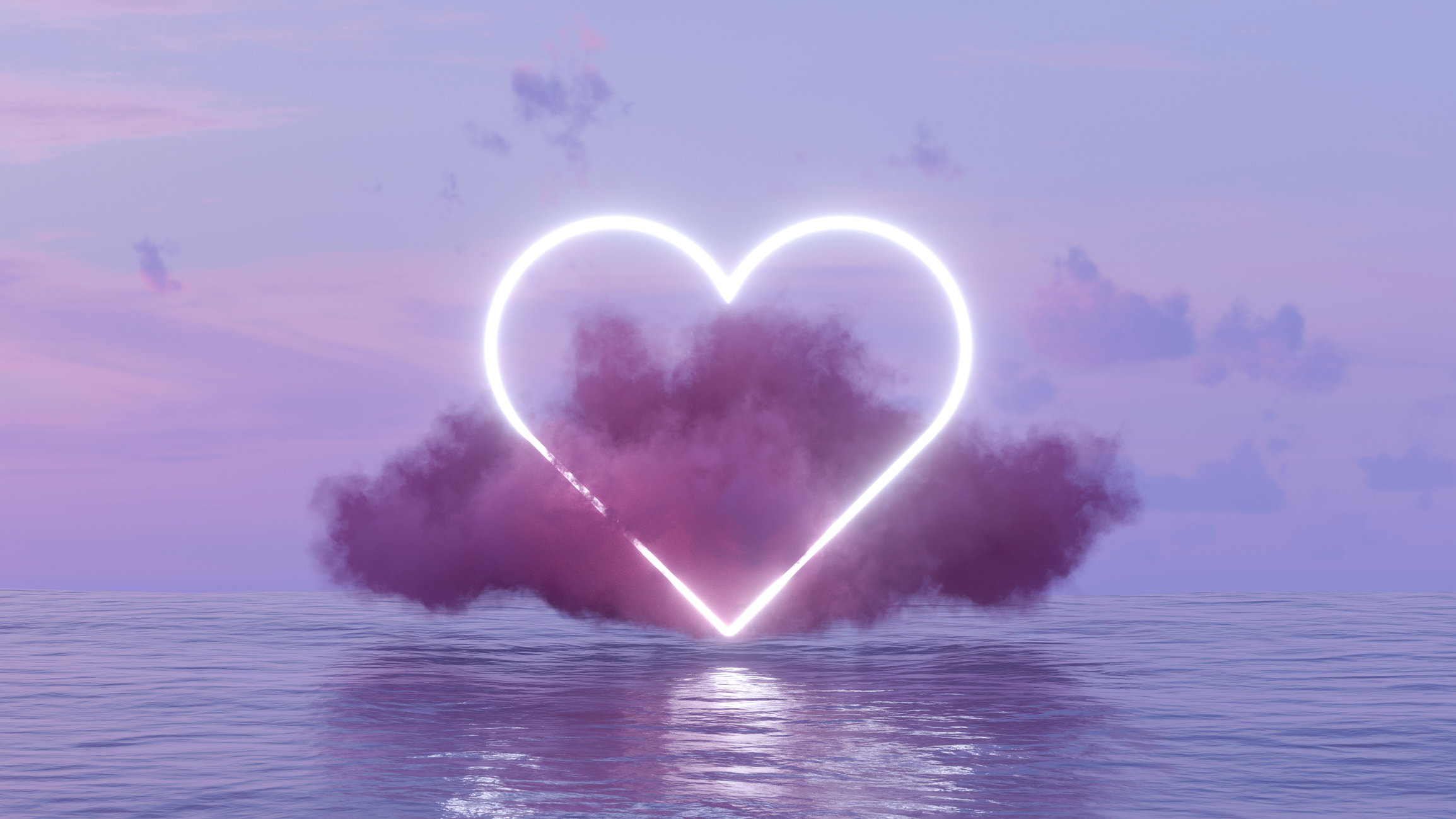 Neon Lightning Glowing Heart Shape and Cloud over the Sea, Valentine's day concept.