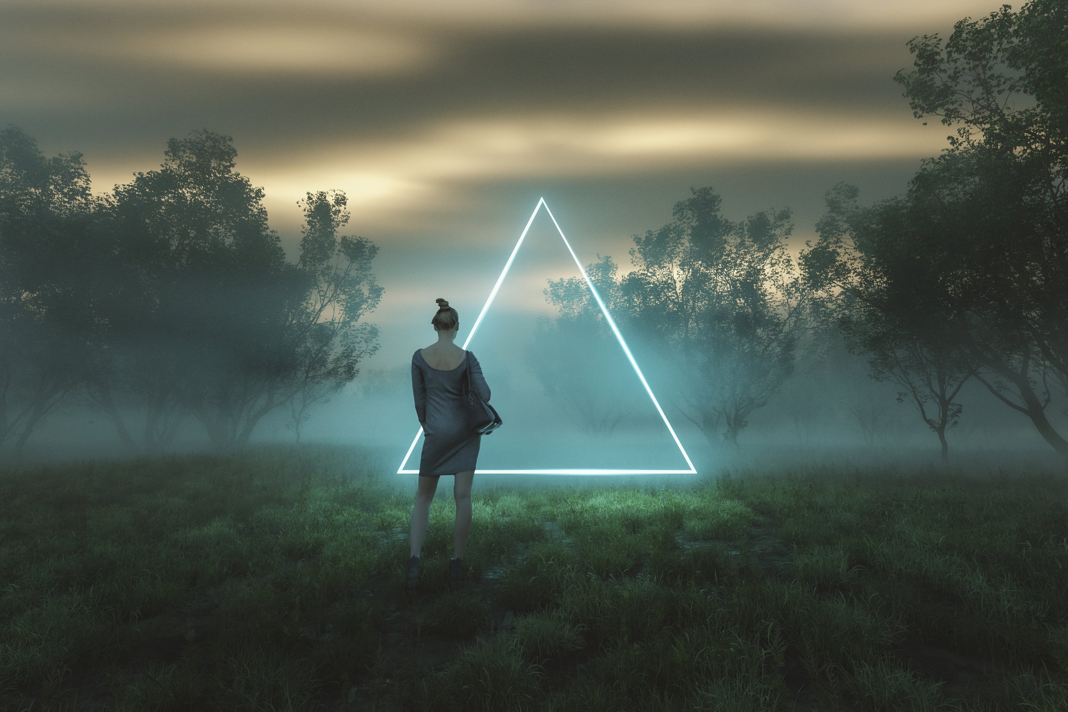Surreal abstract passage with woman standing in fantasy landscape