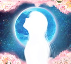 Cherry blossoms in full bloom at night, illustration of a girl in silhouette with long hair fluttering in spring breeze and blue full moon background