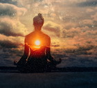 Yoga day concept. Multiple exposure image. Clouds and sun. Pranayama in lotus asana.