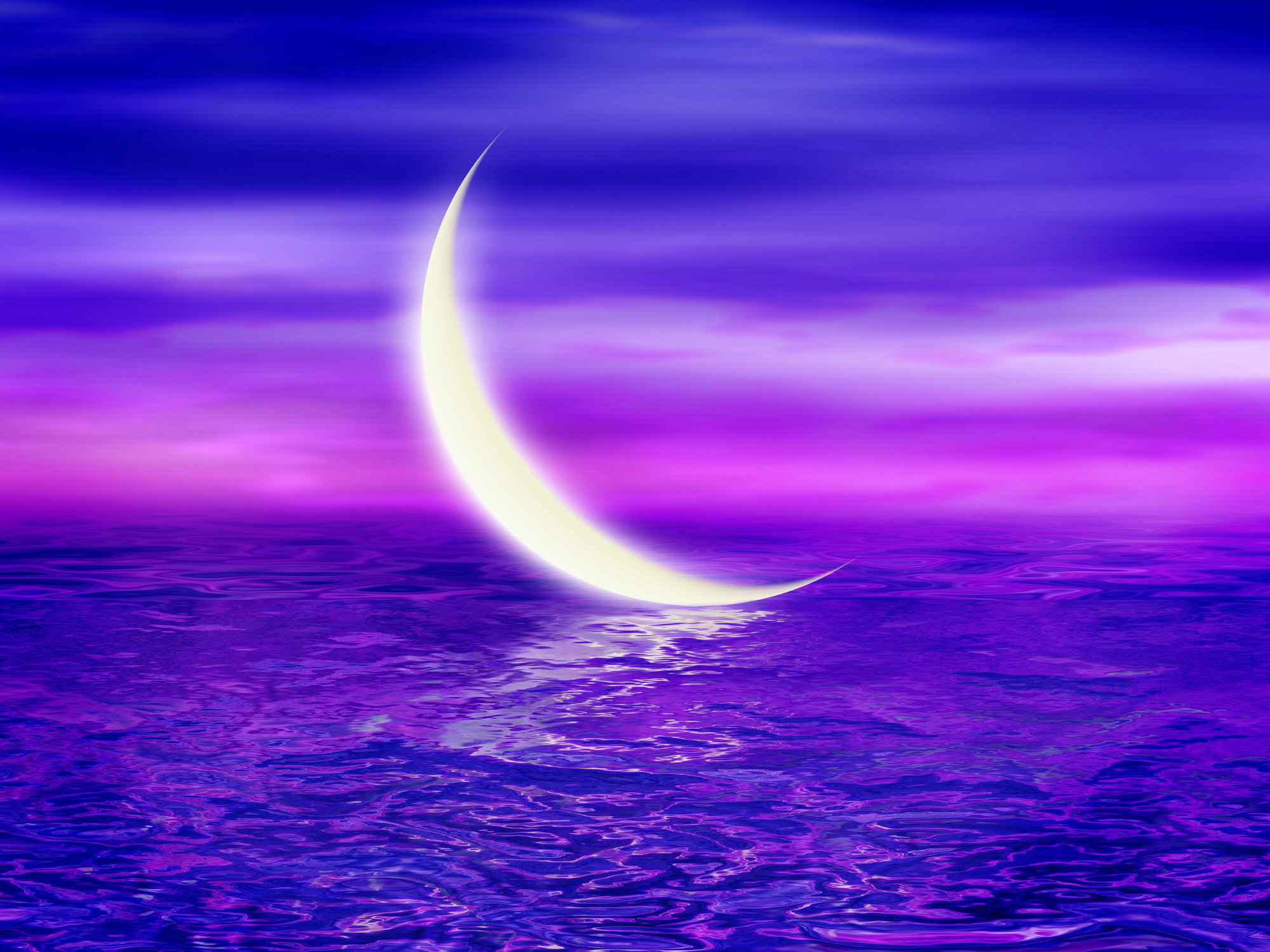 Moon Neon Light Glow on Water Reflection at Night. Sunrise at Blue Purple Sea Ocean