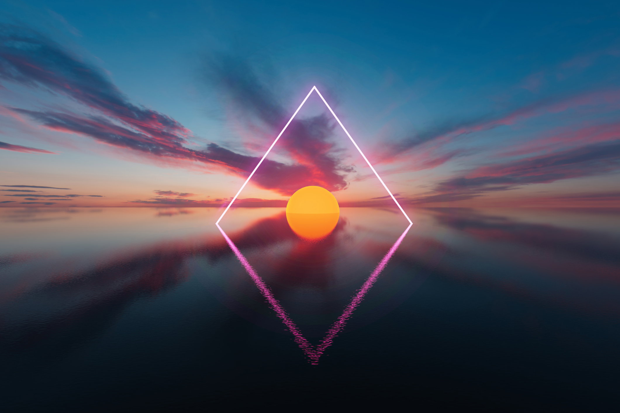 Halo of neon triangle  optic lighting lines 5g CGI landscape sunset