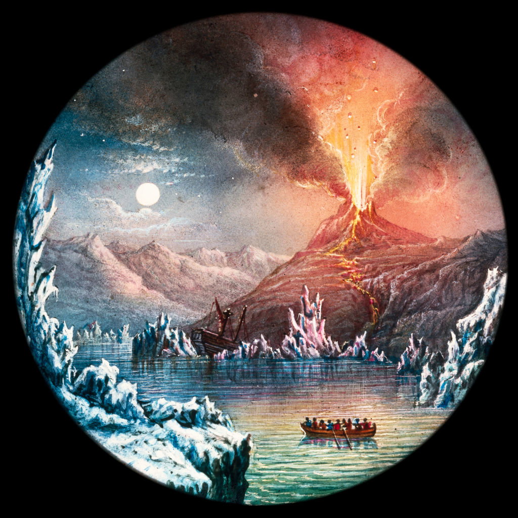 Hekla Volcano, Iceland, hand-coloured magic lantern slide, 19th century.