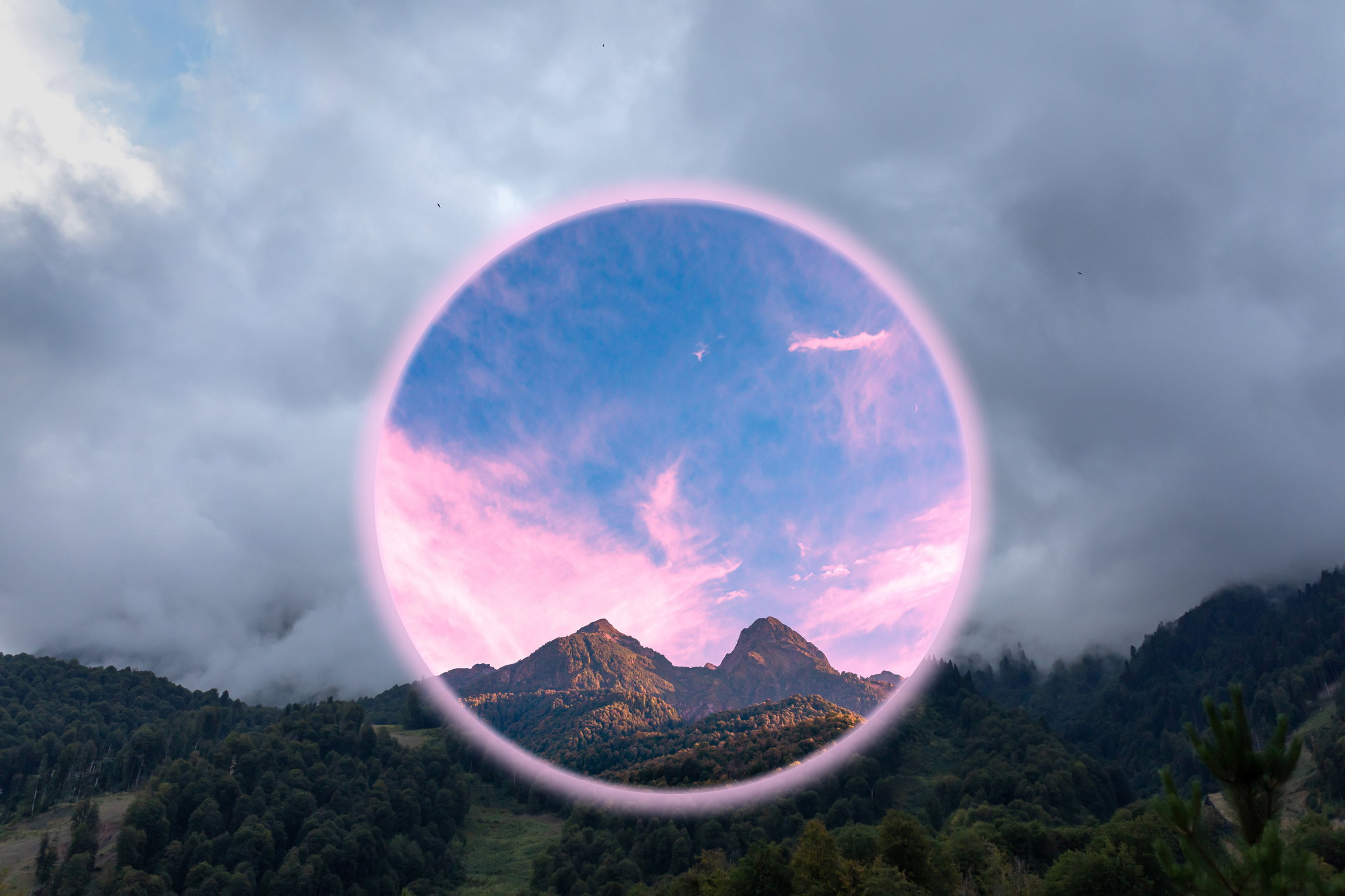 Modern aesthetic art collage with mountains, clouds of pink sky and landscape in foggy weather. Portal in good weather, travel in time and space concept.