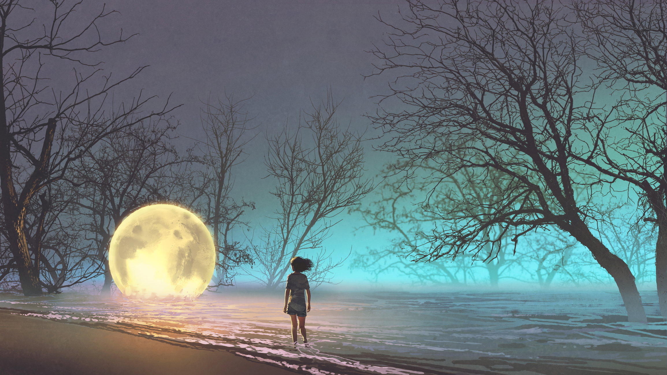 woman looking at a fallen moon