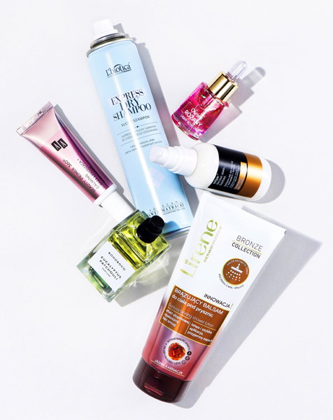 Baza pod makijaż Beauty Primer AA, Suchy szampon Express L'BIOTICA, Różany olejek BIELENDA, krem-żel do twarzy z zarostem i brodą dla mężczyzn TOŁPA, Balsam brązujący pod prysznic LIRENE, Zapach Eucalyptus Patchouli z kolekcji 8 zapachów BOHOBOCO
