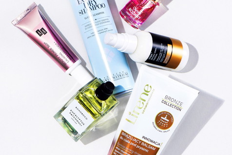 Baza pod makijaż Beauty Primer AA, Suchy szampon Express L'BIOTICA, Różany olejek BIELENDA, krem-żel do twarzy z zarostem i brodą dla mężczyzn TOŁPA, Balsam brązujący pod prysznic LIRENE, Zapach Eucalyptus Patchouli z kolekcji 8 zapachów BOHOBOCO