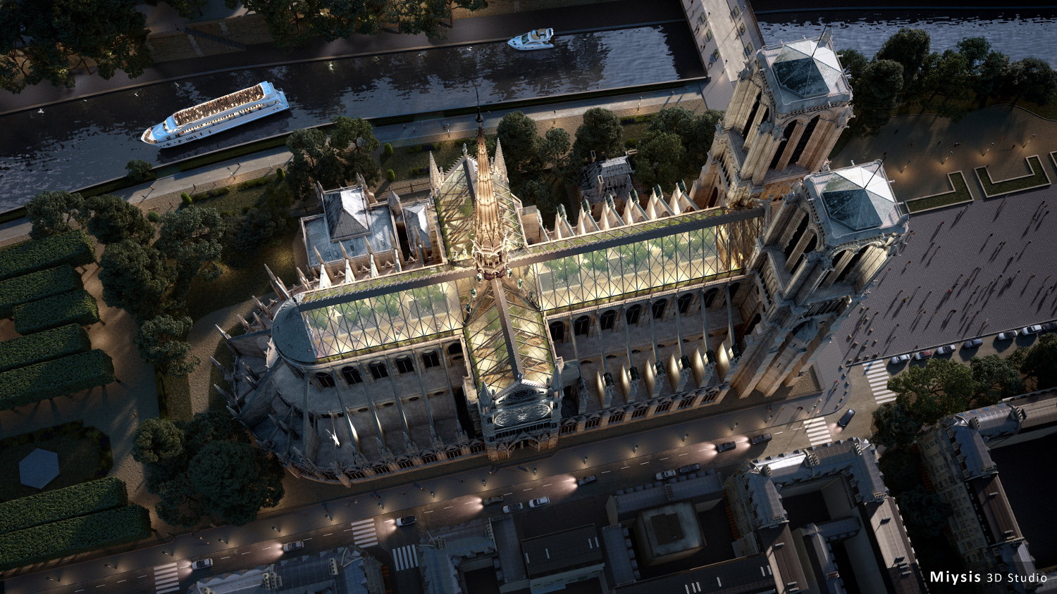 Szklany dach nad Notre Dame, wizualizacja: Miysis Studio