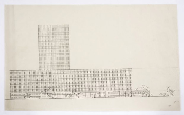 Polskie Radio w Warszawie (proj. Bohdan Lachert, Józef Szanajca), 1938, tusz, kalka, Muzeum Architektury we Wrocławiu