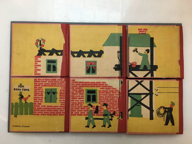 Stefan Themerson, Pan Tom buduje dom, il. Franciszka Themerson, okładka, Warszawa 1938, Muzeum Książki Dziecięcej — Biblioteka Publiczna m.st. Warszawy