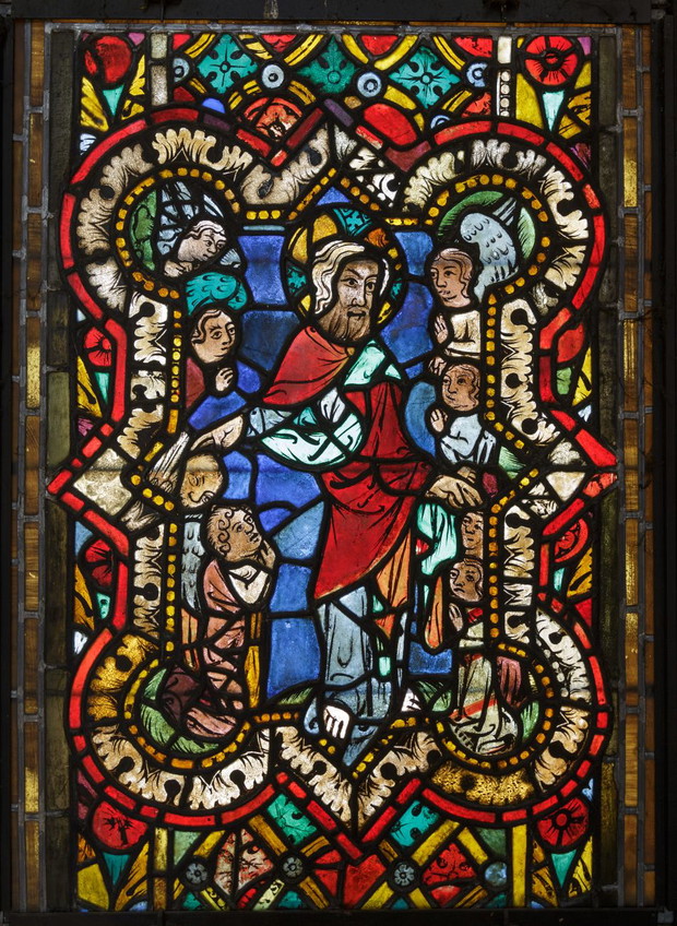 Kwatera ornamentalna Mistrz Krakowskiej Biblii Pauperum Kraków, po 1360 Szkło, farba witrażowa, listwa ołowiana Rzymskokatolicka Parafia pw. Najświętszej Maryi Panny w Krakowie (Bazylika Mariacka), południowe okno zamknięcia prezbiterium (sII)