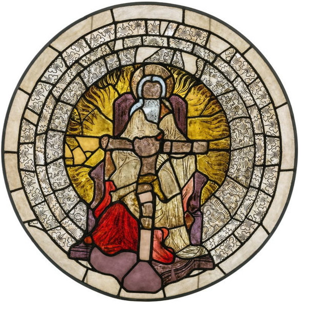 Mistrz Dominikańskiego Cyklu Maryjnego Tron Łaski z krużganków klasztoru Dominikanów w Krakowie Kraków, ok. 1430-1440 szkło barwione w masie i powłokowe, farba witrażowa, listwy ołowiane Klasztor OO. Dominikanów w Krakowie
