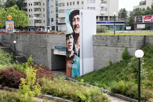 Mural z Karwowskim i Maliniakiem na warszawskim Ursynowie, projekt Bakcyl Studio