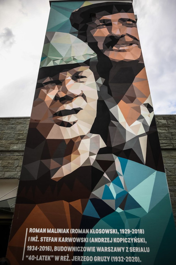 Mural z Karwowskim i Maliniakiem na warszawskim Ursynowie, projekt Bakcyl Studio