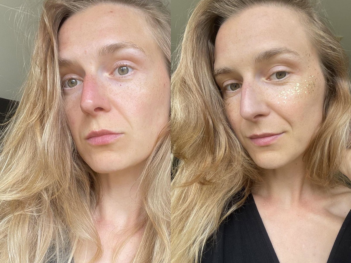 Jestem redaktorką beauty i latem zamiast rozświetlacza używam glittera. Daje mi drogo wyglądającą złotą taflę