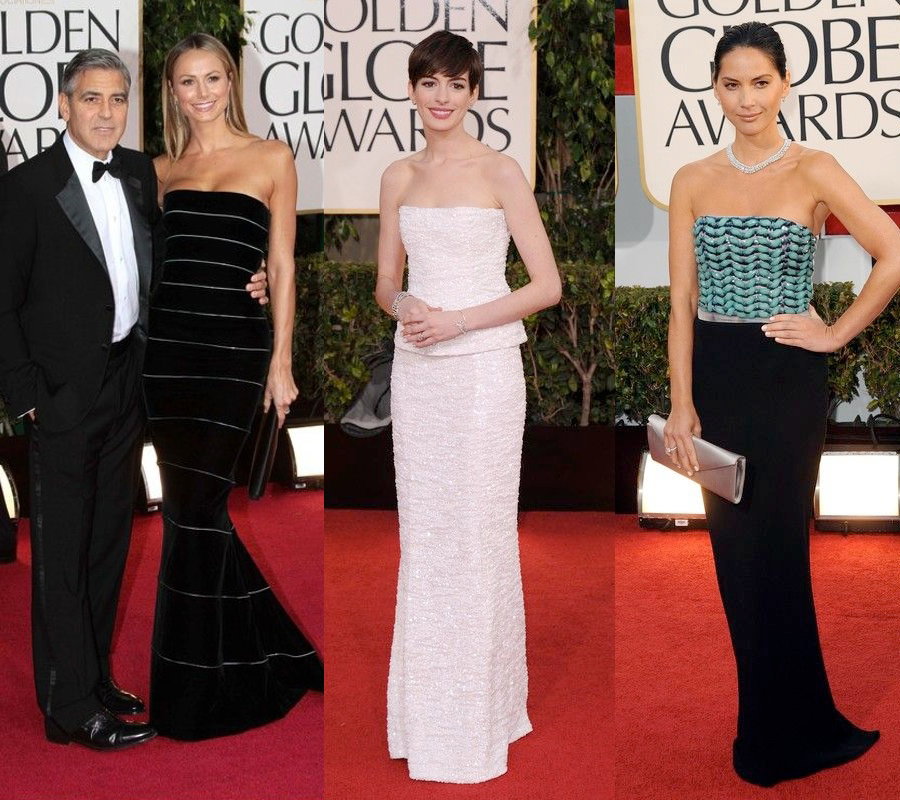 Złote Globy 2013: Stacy Kleiber (Armani Prive), Anna Hathaway (Chanel couture), Olivia Munn (Giorgio Armani), fot. East News