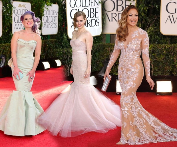 Złote Globy 2013: Kelly Osbourne (Zac Posen), Amy Adams (Marchesa), JLo (Zuhair Murad), fot. East News