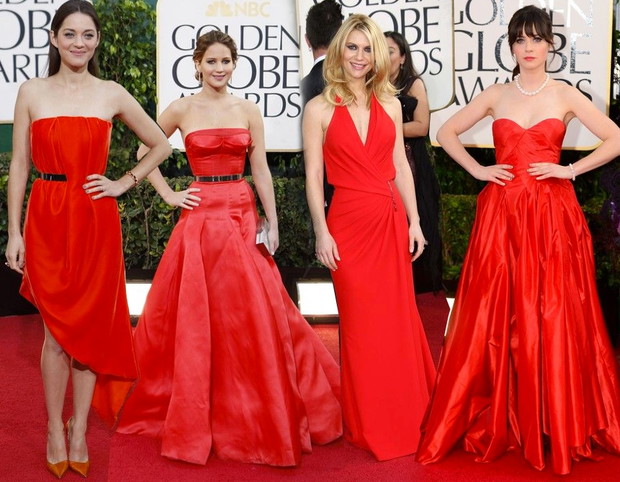 Złote Globy 2013: Marion Cotillard (Dior couture), Jennifer Lawrence (Dior couture), Claire Danes (Atelier Versace), Zooey Deschanel (Oscar de la Renta), fot. East News