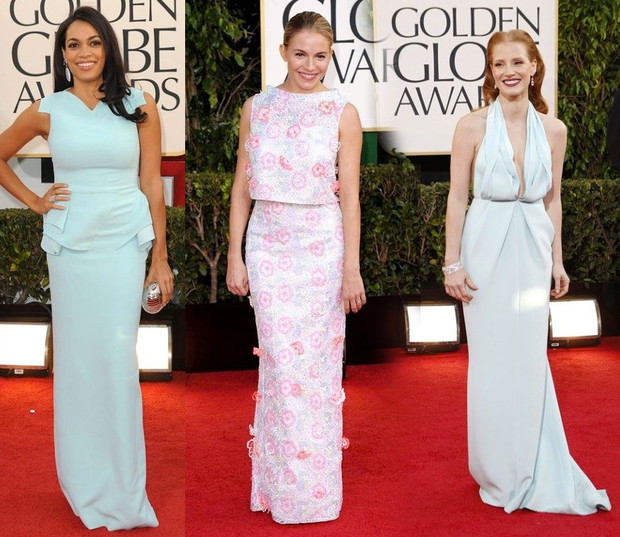 Złote Globy 2013: Rosario Dawson (Antonio Berardi), Sienna Miller (Erdem), Jessica Chastain (Calvin Klein Collection), fot. East News