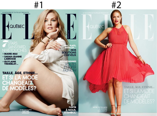 ELLE Quebec nie boi się lansować rozmiaru plus. Oto dwie wersje okładki majowego numeru z Justine Legault, fot. Genevieve Charbonneau/ ELLE Quebec maj 2013