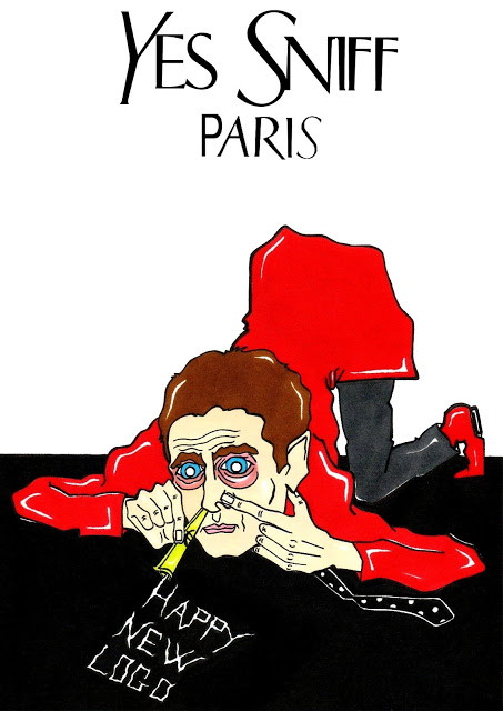 Palombo kontra projektanci: Palombo śmieje się ze sposobu kierowania Saint Laurent przez Hediego Slimane. Sugeruje nawet, że projektant nową strategię układał pod wpływem, rys. AleXsandro Palombo/ Humor Chic