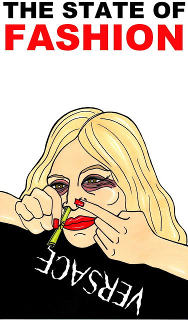 Palombo kontra projektanci: rysownik spekuluje, że świat mody funkcjonuje dzięki narkotykom, tu: Donatella Versace, rys. AleXsandro Palombo/ Humor Chic