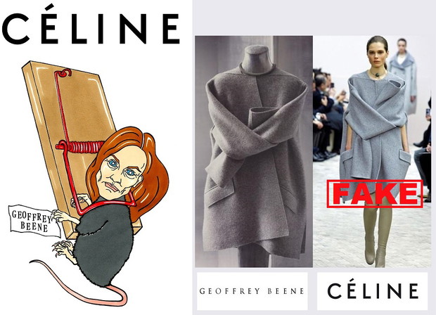Rysunki z serii No fake: Céline jesień-zima 2013 kontra żakiet Geoffrey Beene, rys. AleXsandro Palombo/ Humor Chic